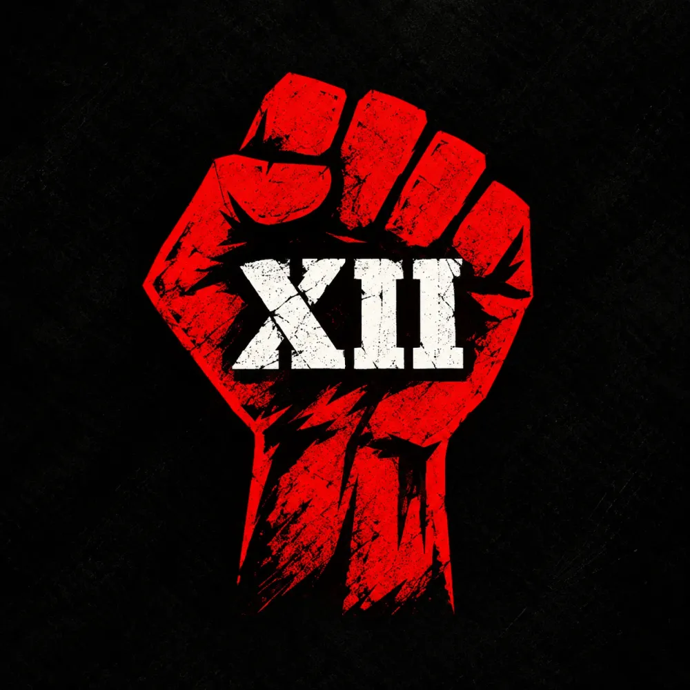 Logo des 12-Kampf: eine rote, erhobene Faust mit der römischen Zahl XII